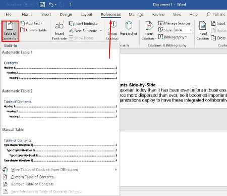 adding table of contents example